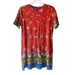 Tory Burch Floral Batik Pima Cotton Dress Small Red Short Sleeve Drawstring Mini